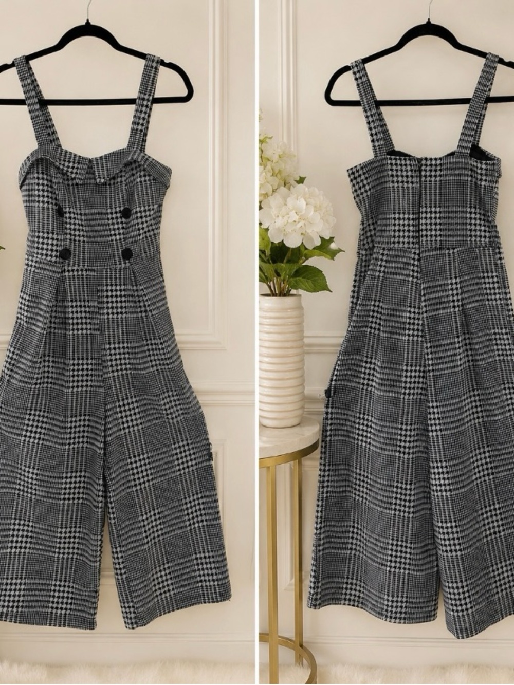 bailey blue Black & White Plaid Wide-Leg Jumpsuit